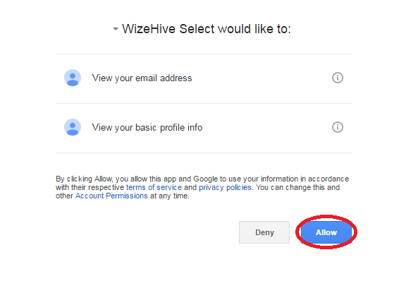 Allow WizeHive Select access to email address and profile